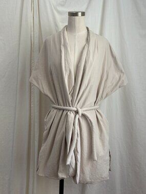 A New Day Beige Kimono Jacket Short Robe Belted Tie Belt OS Japanese Minimalist